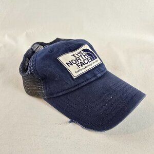 The North Face Trucker Hat Mens One Size Navy Blue Mesh Snapback Distressed